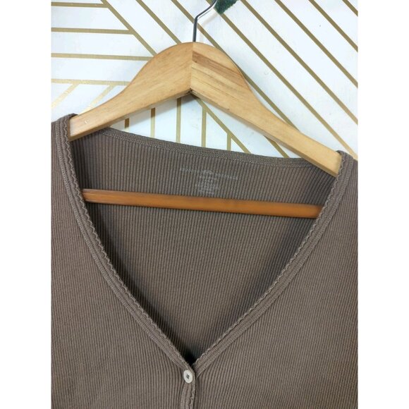 Brandy Melville Women's Brown Paige Ruffle Long Sleeve Top Ribbed One Size - Picture 4 of 5